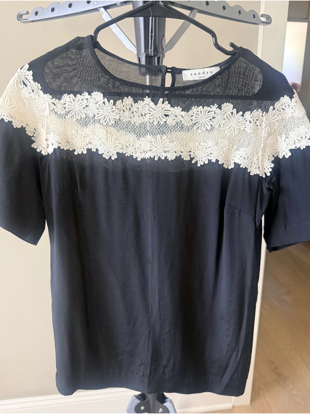 Sandro Black Blouse with Cream Floral Lace Yoke